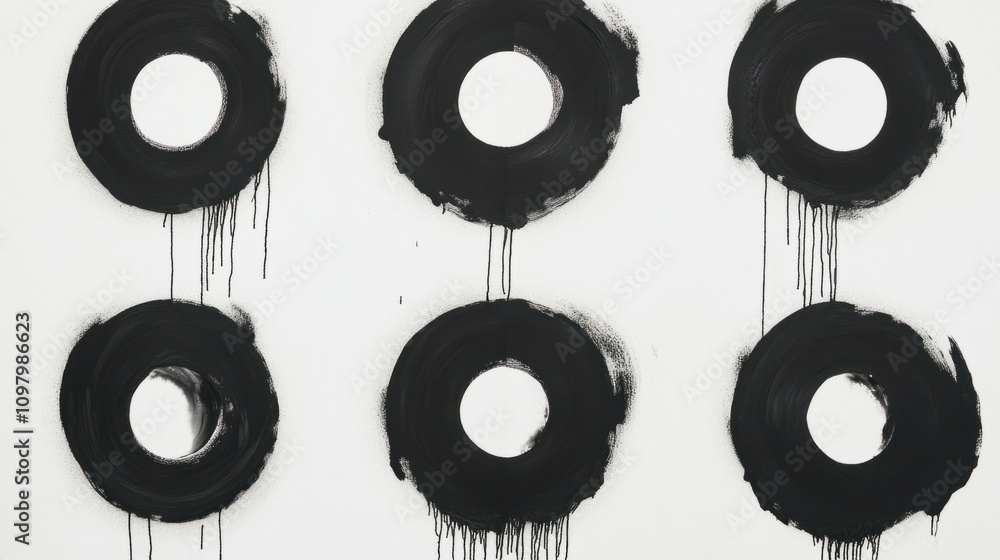 Poster multiple black ink circles with visible drips, forming a minimalist abstract pattern on white