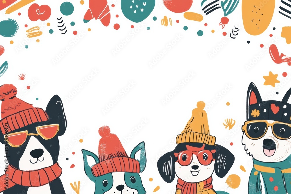 Aufkleber four cheerful dogs sport hats and sunglasses in a vibrant doodle design, surrounded by playful patte