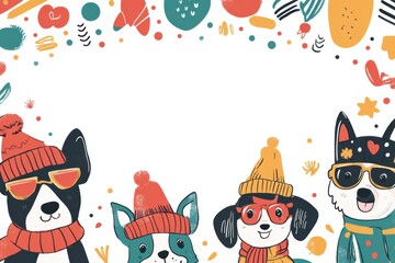Fototapeta premium Four cheerful dogs sport hats and sunglasses in a vibrant doodle design, surrounded by playful patterns and shapes on a blank background. Generative AI