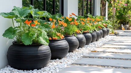 A row of black pots with orange flowers and green plants along a walkway.