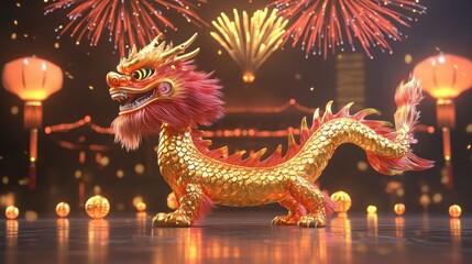 Obraz premium Beijing chinese new year fireworks and dragon dance celebration