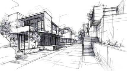 Fototapeta premium Architectural Sketch Of Modern Townhouses With Landscaping