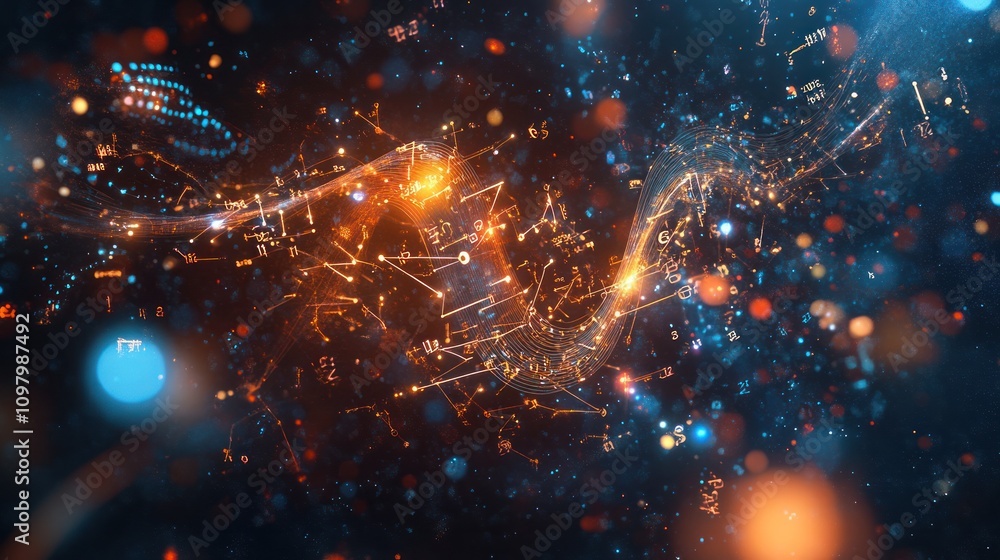 Poster mathematics, showcasing a 3d rendering of intertwined mathematical symbols and equations,