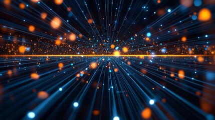 Obraz premium futuristic digital environment with glowing rails resembling transportation tracks or pathways, stretching through a cybernetic landscape. 