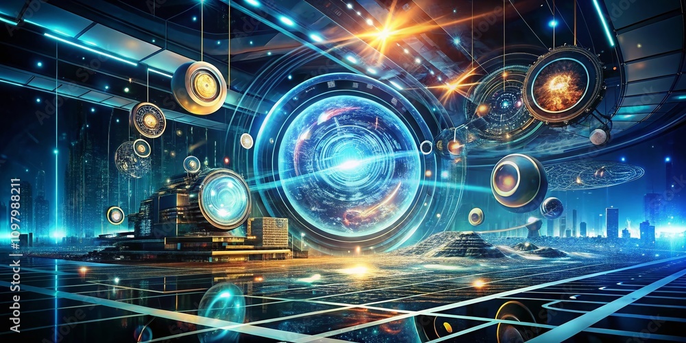 Poster surreal futuristic technology background with intricate technological drawings and abstract elements