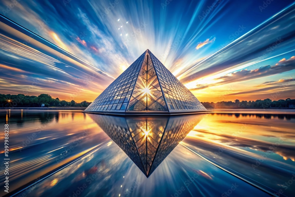 Poster surreal glass pyramid reflection on blue gradient background, showcasing intricate light patterns an