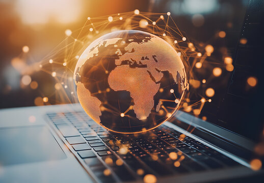 A globe on top of an open laptop, with digital connections around it representing global connectivity and technology. - Powered by Adobe
