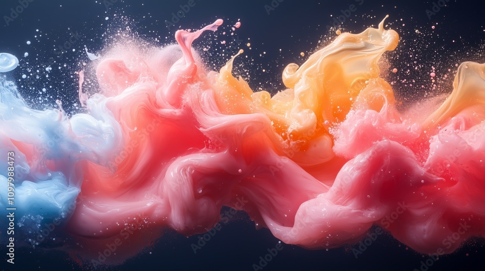 Poster vibrant swirling paint splashes in dynamic motion capturing colorful fluidity