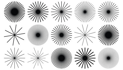 Round geometric shapes with rays. Vintage sunburst icon set elements. Circular thin line beams, stars, sun rise light.