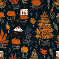 Thanksgiving Seamless Patterns showcasing Pumpkins, Autumn Leaves, and Turkeys in High-Resolution 300 DPI