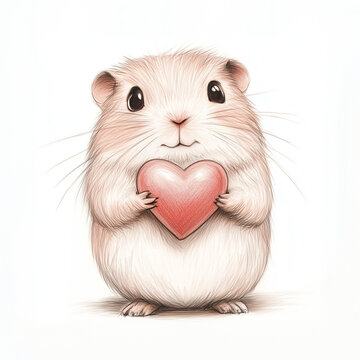 cute hamster holding love heart, valentine pencil illustration on white paper background
