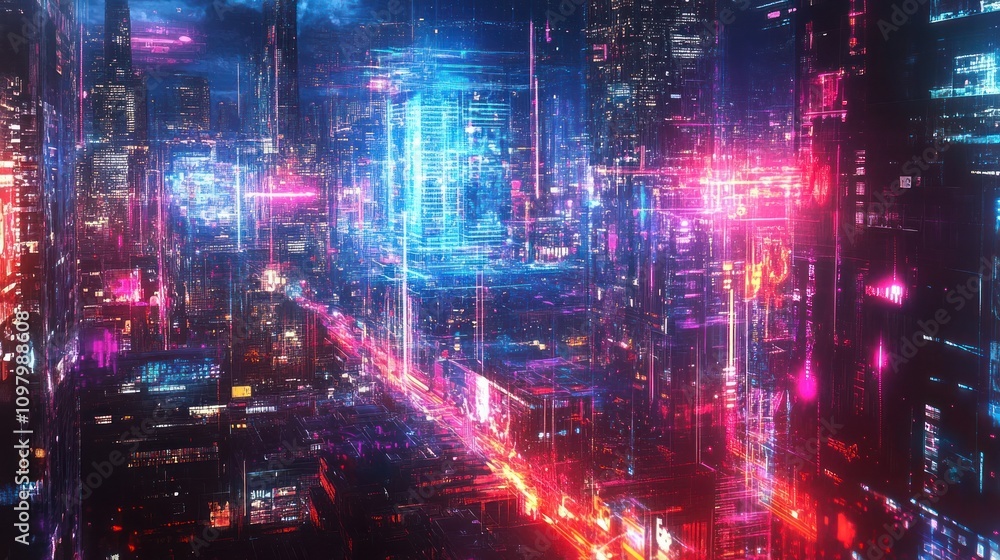Poster computer integrated into a cityscape, with the quantum elements merging seamlessly with urban archit