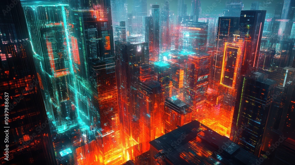 Poster computer integrated into a cityscape, with the quantum elements merging seamlessly with urban archit