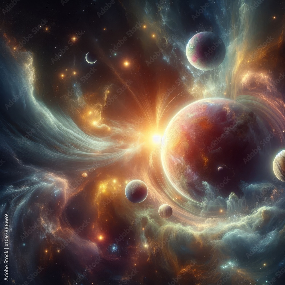 Poster a mesmerizing depiction of outer space featuring a glowing nebula, surrounded by planets and bright 
