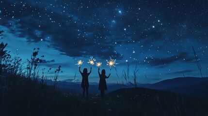 Fototapeta premium Two figures joyfully holding sparklers under a starry night sky.