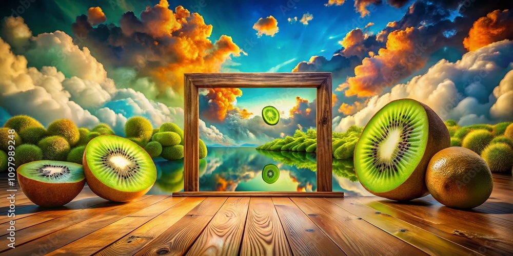 Poster surreal kiwi on a table in a dreamlike setting with vibrant colors and abstract elements, creating a