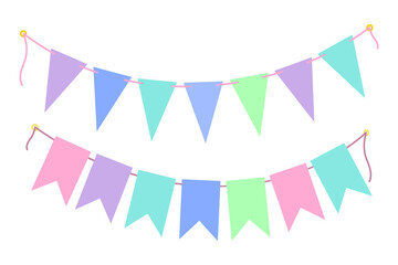 Fototapeta premium Festive Pennant garland on rope in trendy soft tint Set 2 Birthday Party or any event design element