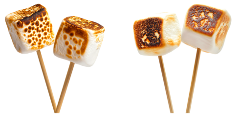 Set of toasted marshmallows on wooden skewers with golden and charred spots