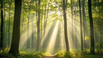 Fototapeta premium Sunbeams Illuminate Misty Forest Path Through Trees