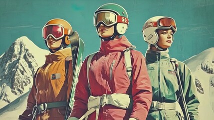 Fototapeta premium Vibrant Trio of Adventurers in Colorful Ski Jackets Against Snowy Mountains - Perfect Poster for Dynamic Sports Interiors and Winter Adventure Enthusiasts!