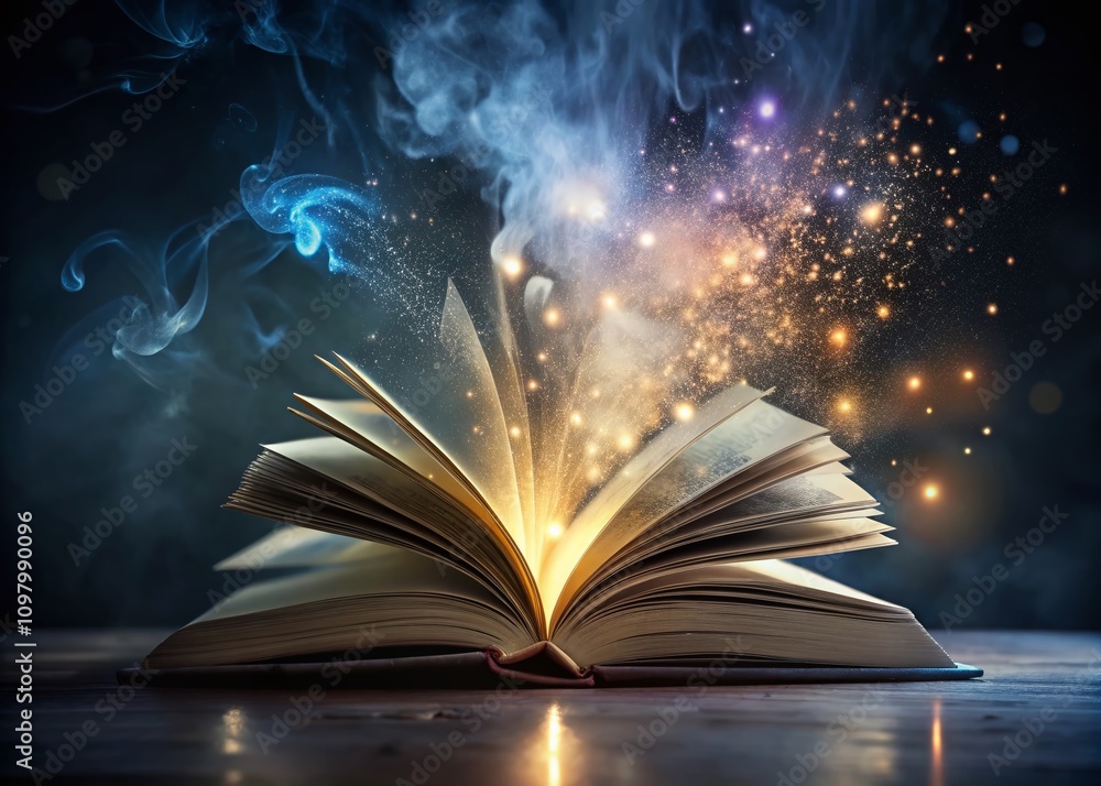 Poster surreal open book on black surface with ethereal light and floating pages, invoking imagination and 
