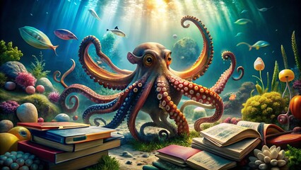 Fototapeta premium Surreal Octopus Multitasking: A Colorful Scene of an Octopus Engaged in Various Educational Activities, Surrounded by Books and Learning Materials in a Whimsical Underwater Setting