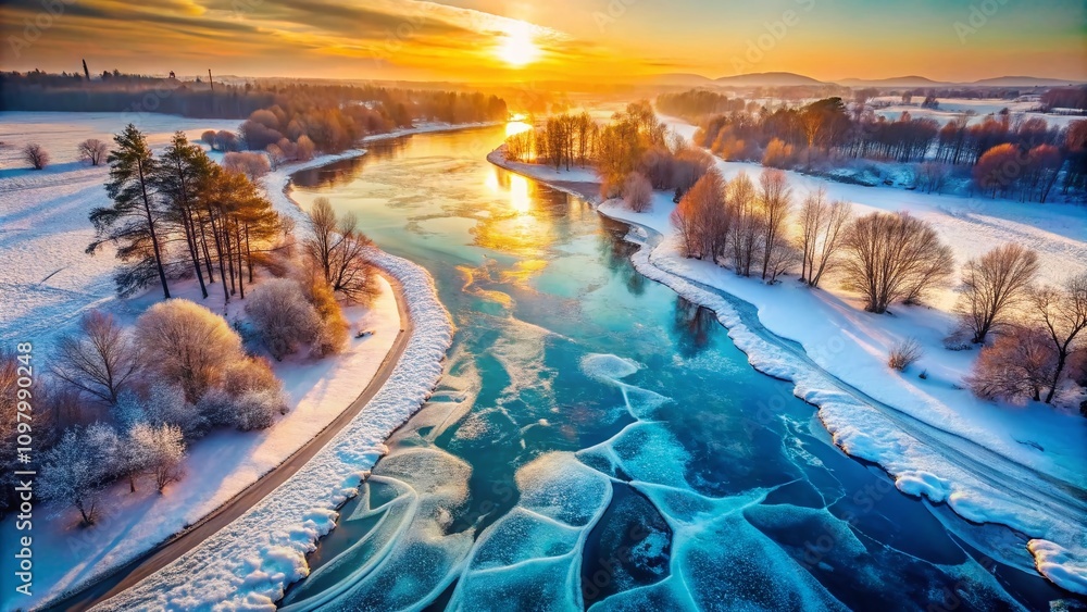Poster surreal overhead view of a frozen river with intricate ice patterns and ethereal light reflections i