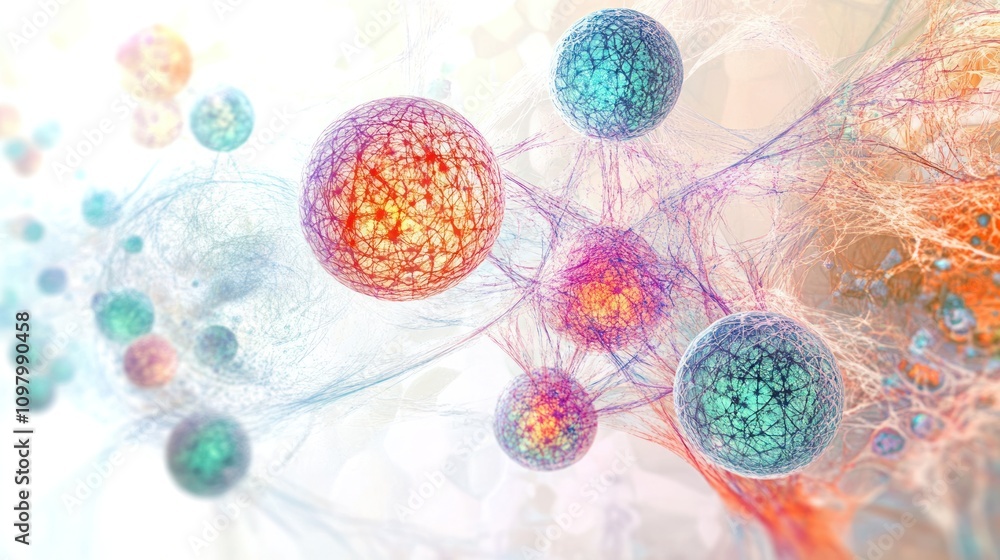 Poster cellular regeneration with quantum science elements, illustrating the healing process at the micro level. The image features a seamless blend of colorful cells