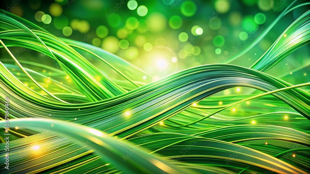 Poster surreal photography of abstract fresh green lines flowing from above, creating a dreamlike atmospher