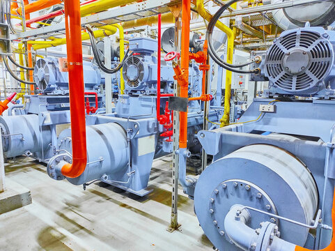 Efficient machinery system at modern power plant, compressors and pipes in engineering