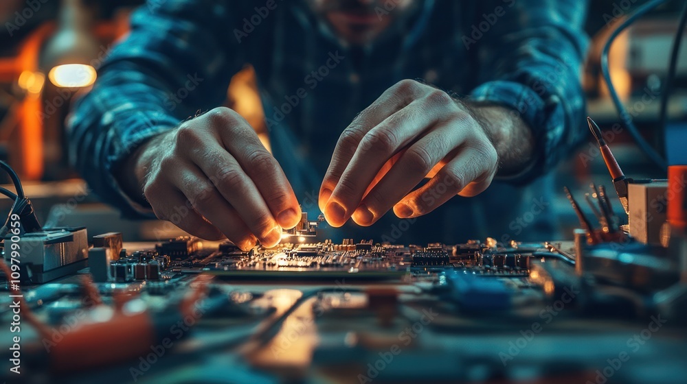 Poster engineer wearing safety goggles and a lab coat, intently observing a complex quantum computer setup 