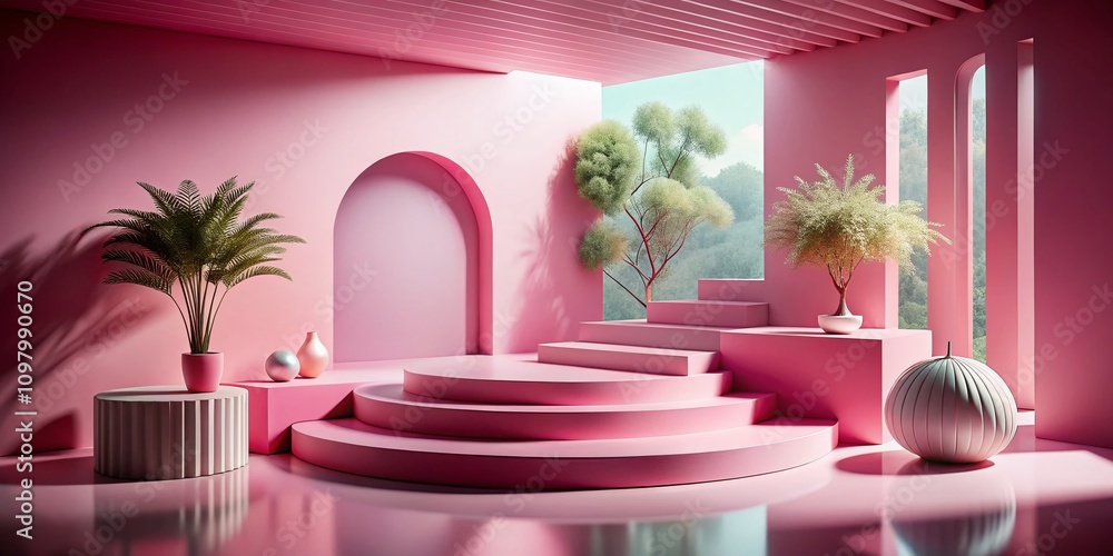 Poster surreal product display on a pink podium for innovative presentations - emphasizing creativity and m