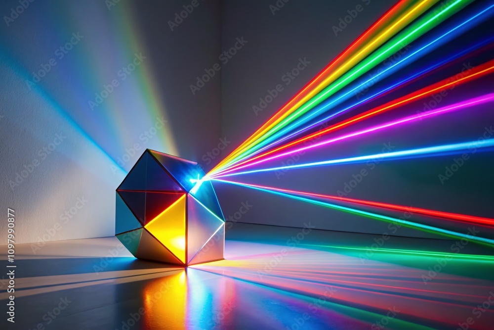 Poster surreal representation of a laser beam emitting from a geometric shape on a crisp white background, 
