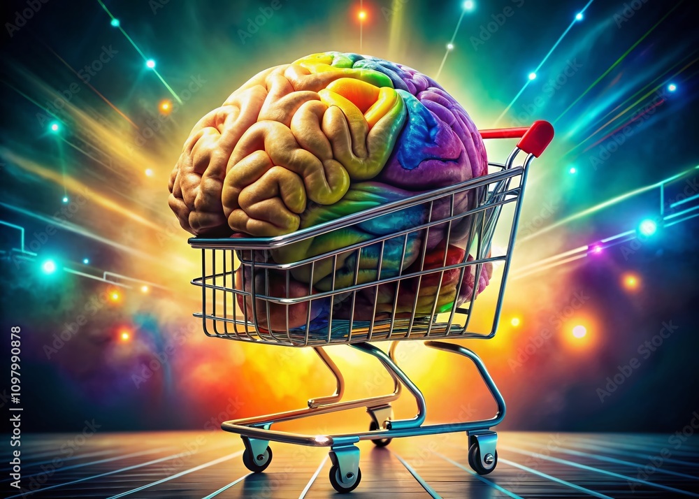 Poster surreal representation of a brain in a shopping cart symbolizing innovative approaches to purchasing