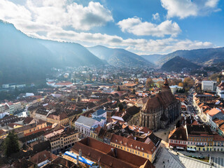 Aerial drone view of Black Church in Brasov city old center in autumn season