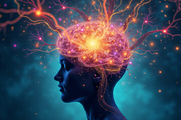 Profile of a woman with a glowing neural brain visualization, surrounded by energy and abstract connections.