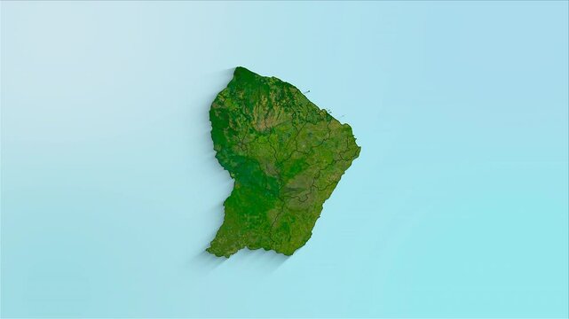 French Guiana animated map showing regions forming the country with a physical map background and a chroma key alpha channel.