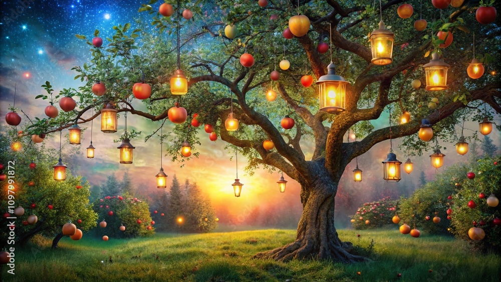 Aufkleber surreal scene of a lantern hanging from an apple tree, illuminating a dreamlike garden under a starl