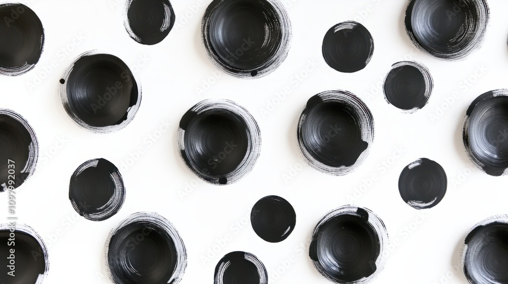 Poster randomly arranged black dripping ink circles creating a minimalist abstract pattern on a white backd