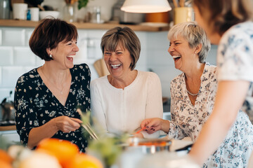 A group of middle-aged women laughing and cooking together in the kitchen, sharing good times with friends at home. Concept of friendship, joy, support, mental health in older age.