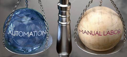 Automation or Manual Labor - weighing two choices, available options. Choosing between automation or manual labor. Two different course of actions. ,3d illustration