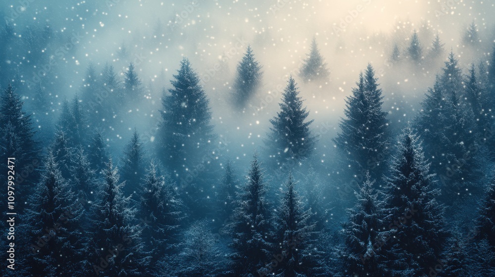 Leinwandbilder snow-covered forest, with towering pine trees bending under the weight of the snow. snowflakes are b