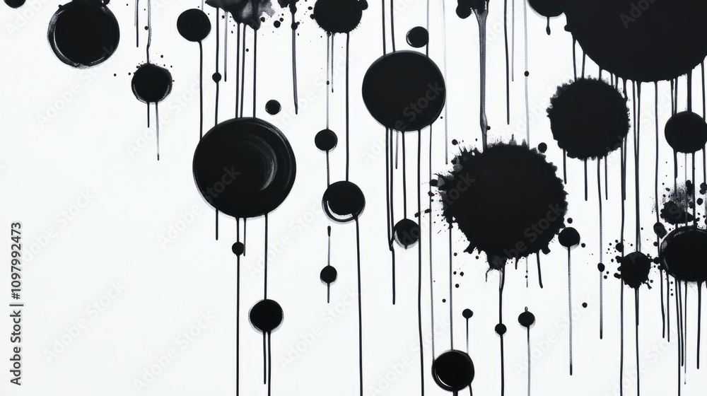 Poster randomly arranged black dripping ink circles creating a minimalist abstract pattern on a white backd