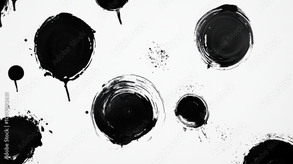 Poster randomly arranged black dripping ink circles creating a minimalist abstract pattern on a white backd