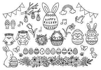 イースターイラストセット　手描き白黒線画  © fuwari