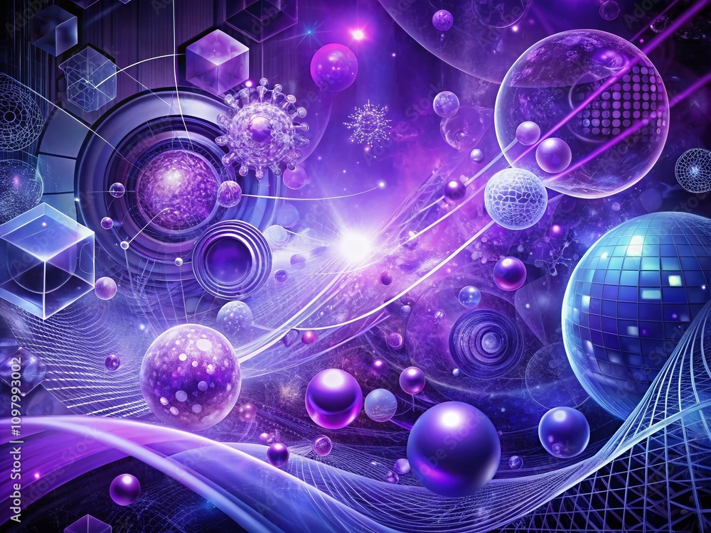Poster surreal technology data visualization in violet hues for a futuristic science flyer with intricate p