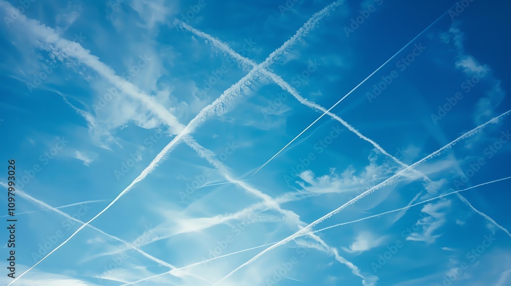 Poster a blue sky with white contrails from airplanes creating a geometric pattern.