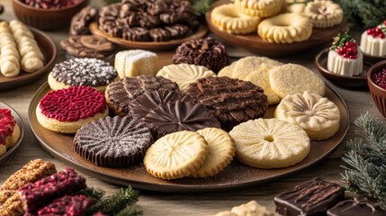 Assorted delicious Christmas cookies on wooden table.