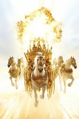 Golden chariot, white horses, celestial ascension.