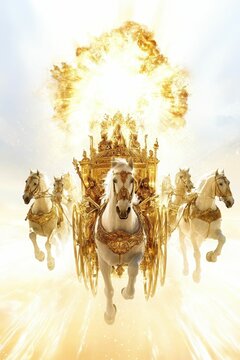 Golden chariot, white horses, celestial ascension.